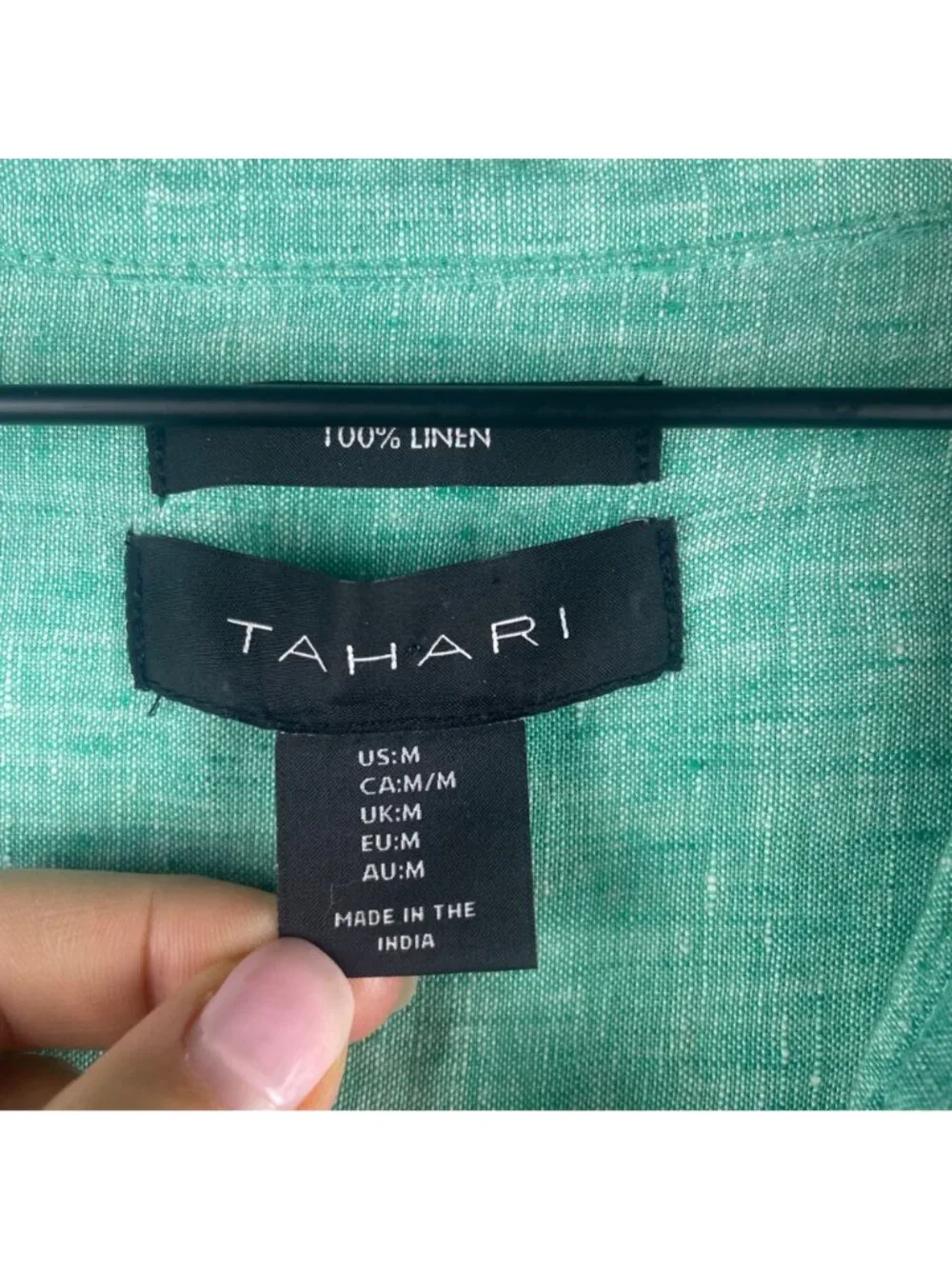 Tahari 100% Linen 3/4 Sleeve Tunic Top With Side Buttons Size Medium Teal Green - Picture 6 of 10
